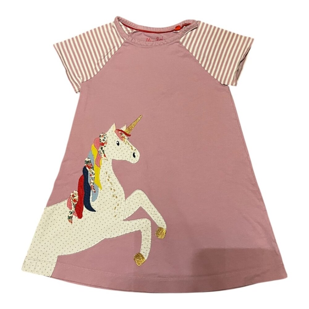 Mini Boden Girls Pink Unicorn Appliqué Dress Size 4-5Y (110cm) Short Sleeve